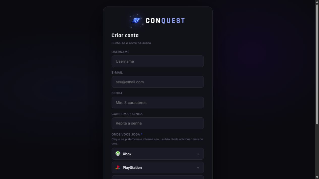 Tela real de criação de conta da Conquest